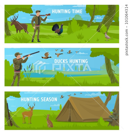 Hunting sport and animals, duck and deer hunters, gun and rifle. Vector hunting camp tent at green forest meadow, cartoon hunters with weapon, ducks, elk, rabbit or hare, quail and grouse birds 101064314