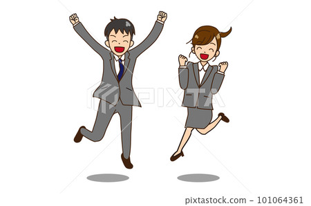Men and women in suits jumping on one leg Guts pose Smile 4 Men and women in suits jumping on one leg Guts pose Smile 4 101064361