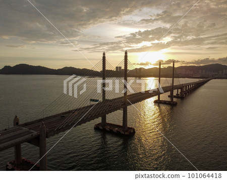 Aerial view silhouette Penang Second Bridge 101064418