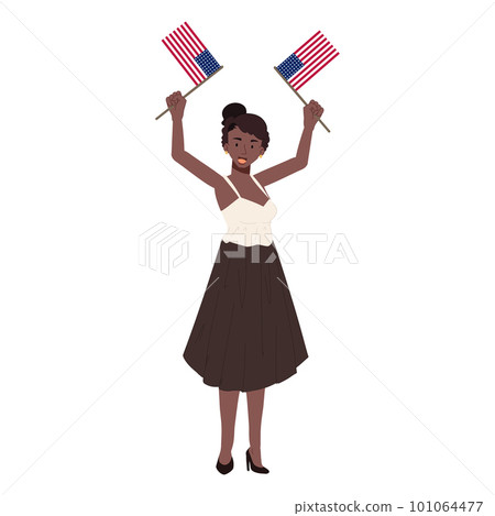 USA 4th july independence day concpet. African american woman holding american flag to celebrate. Flat vector cartoon illustration USA 4th july independence day concpet. African american woman holding american flag to celebrate. Flat vector cartoon illustration 101064477