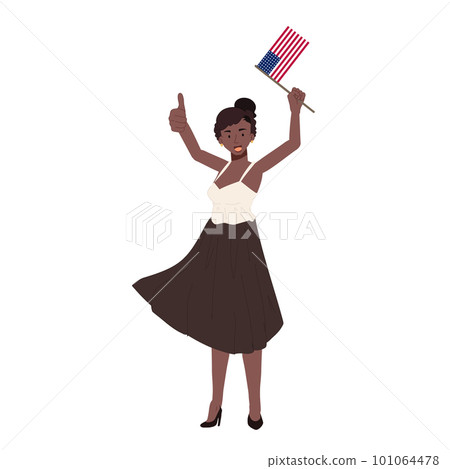 USA 4th july independence day concpet. African american woman holding american flag to celebrate. Flat vector cartoon illustration USA 4th july independence day concpet. African american woman holding american flag to celebrate. Flat vector cartoon illustration 101064478