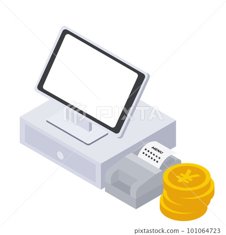 Isometric illustration of POS cash register/self cash register and stacked coins Isometric illustration of POS cash register/self cash register and stacked coins 101064723