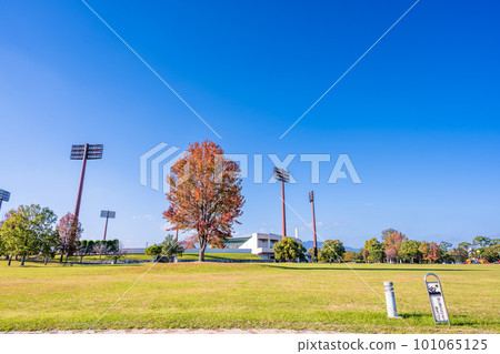 佐賀縣立森林公園在晴朗的秋天天氣背景下設有棒球場 101065125