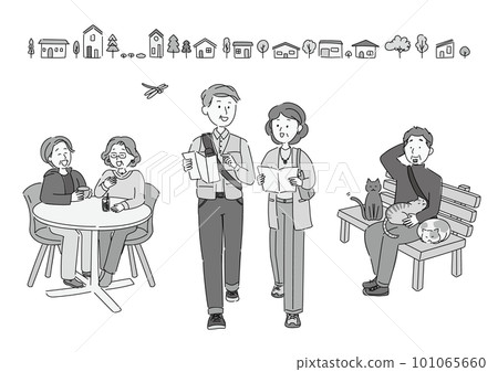 老年人享受觀光和城鎮漫步活動的單色插圖 101065660