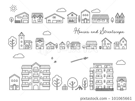 簡單的黑線房屋和住宅區城市景觀矢量圖解 簡單的黑線房屋和住宅區城市景觀矢量圖解 101065661