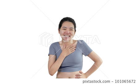 Asian woman laughing happily on white background, Happiness through laughter, Funny, Copy space, Portrait, Advertising text area, Isolated on white background. Asian woman laughing happily on white background, Happiness through laughter, Funny, Copy space, Portrait, Advertising text area, Isolated on white background. 101065672