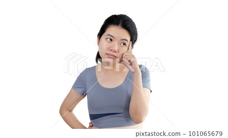 Young Asian woman thinking hard or planning to do something, Overthinking or worrying, Have a headache, Migraine, Stress, Free space for advertising or promoting products, Copy space, Enter text. 101065679