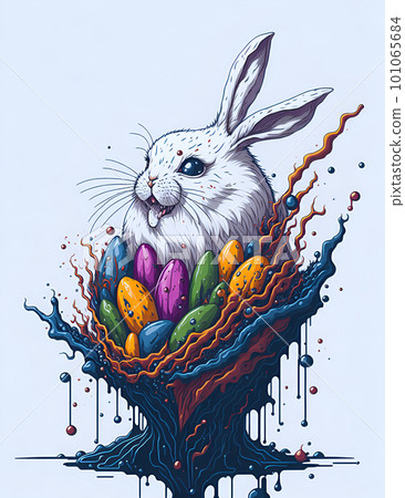 Watercolor illustration of Easter bunny with easter eggs in nest with drips . Generative AI. 101065684
