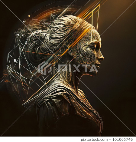 A Mesmerizing Cyberpunk Digital Illustration Featuring an Intricate Profile Portrait of a Woman made of Black and Gold Wires 101065746