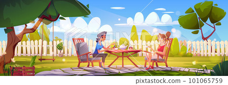 House backyard with garden, fence and table House backyard with garden, fence and table 101065759