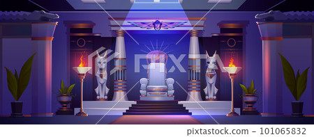 Ancient throne in dark egyptian palace at night Ancient throne in dark egyptian palace at night 101065832