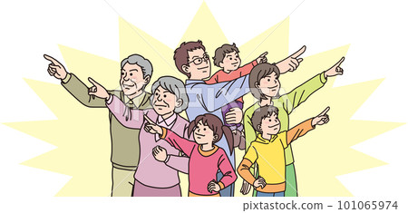 瞄準_指向_家庭_尖銳的表情_指向每個方向5個人_帶背景色 瞄準_指向_家庭_尖銳的表情_指向每個方向5個人_帶背景色 101065974