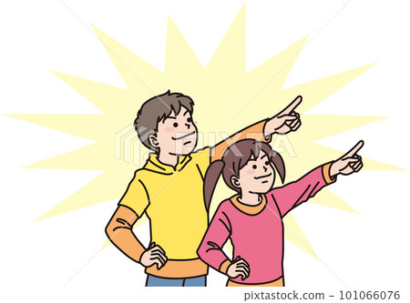 瞄準_指向_家人_銳利的表情_男孩和女孩指向同一個方向_帶背景色 101066076