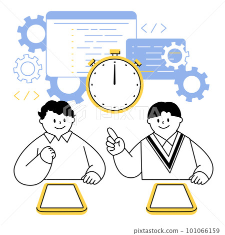 Vector illustration of boys who consult about efficiency of coding work. Vector illustration of boys who consult about efficiency of coding work. 101066159