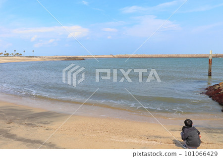一個男孩在沙灘上看海 一個男孩在沙灘上看海 101066429