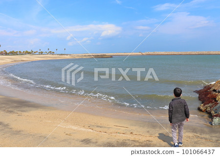 一個男孩在沙灘上看海 一個男孩在沙灘上看海 101066437