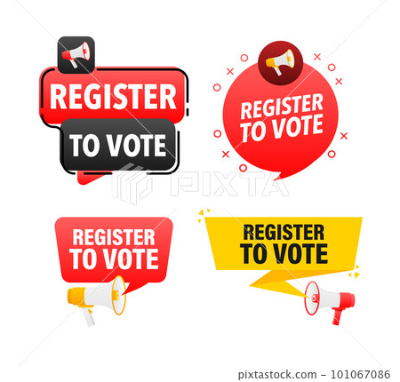 Megaphone label set with text register to vote. Register to vote announcement banner Megaphone label set with text register to vote. Register to vote announcement banner 101067086