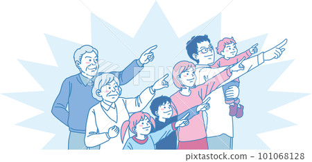 瞄準_指向_家庭_粉色藍色_尖銳的表情_5個人指向同一個方向_帶背景色 101068128