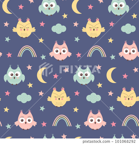 Seamless pattern with cute owls, rainbow, cloud and stars. Scandinavian boho print. 101068292