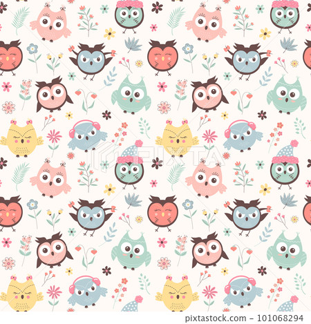 Cute owls and flowers seamless pattern. Scandinavian boho print. Creative kids texture for fabric, wrapping, textile, wallpaper, apparel. 101068294