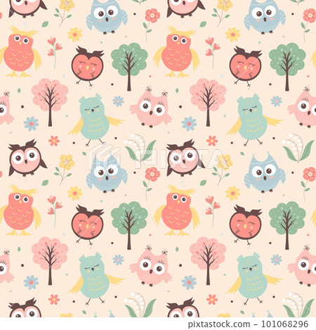 Seamless pattern with cute owls, trees and flowers. Scandinavian boho print for textile and wrapping. 101068296