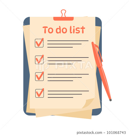 Paper sheet with a clip and checkmarks to do list and a pen. Planning, office, business, organization of work concept. 101068743
