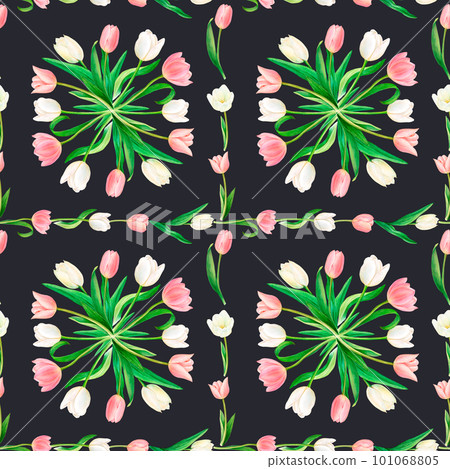 Watercolour square pattern on black background, beautiful pink and white tulips framed by flower elements. Perfect for napkin, postcard, sticker, fabric printing. Four flower rounds and curved leaves 101068805