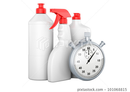 Detergent, cleaning products with stopwatch, 3D rendering Detergent, cleaning products with stopwatch, 3D rendering 101068815
