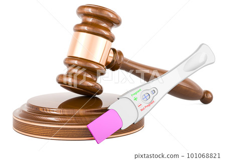 Pregnancy test positive with wooden gavel, 3D rendering 101068821