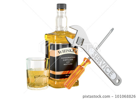 Whiskey bottle and full glass of whiskey with screwdriver and wrench, 3D rendering Whiskey bottle and full glass of whiskey with screwdriver and wrench, 3D rendering 101068826