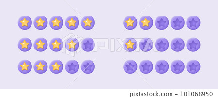 Set of 3d golden stars for low and high rating on purple background. Customer review or feedback from clients concept. Realistic vector illustration for website or mobile applications Set of 3d golden stars for low and high rating on purple background. Customer review or feedback from clients concept. Realistic vector illustration for website or mobile applications 101068950