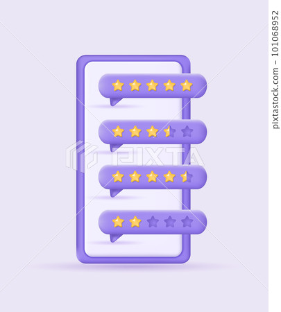 3d customer review concept. Smartphone with feedback from clients. Low and high stars rating in comments. Realistic vector illustration for website or mobile applications 3d customer review concept. Smartphone with feedback from clients. Low and high stars rating in comments. Realistic vector illustration for website or mobile applications 101068952