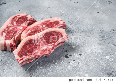 Raw fresh meat lamb mutton saddle. Gray background. Top view. Copy space Raw fresh meat lamb mutton saddle. Gray background. Top view. Copy space 101069343