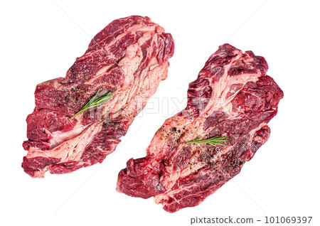 Marbled raw meat Steaks cooking with seasonings and olive oil, fresh beef rib eye steaks. Isolated on white background Marbled raw meat Steaks cooking with seasonings and olive oil, fresh beef rib eye steaks. Isolated on white background 101069397