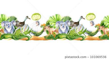 Seamless board of cartoon animals watercolor illustration isolated on white. Seamless board of cartoon animals watercolor illustration isolated on white. 101069536