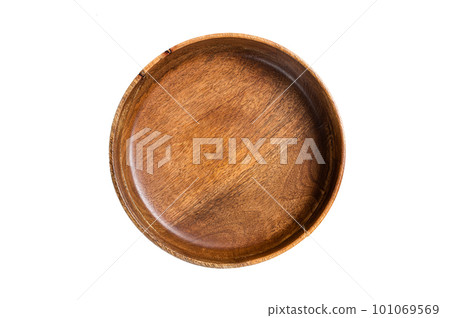 Food cooking and healthy eating background, Empty wooden craft plate on table. Isolated on white background Food cooking and healthy eating background, Empty wooden craft plate on table. Isolated on white background 101069569