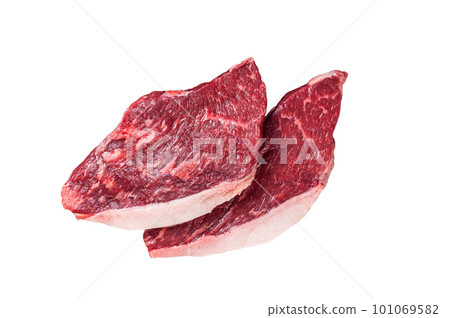 Raw top sirloin beef meat steak on a butcher cleaver, cap rump steak. Isolated on white background Raw top sirloin beef meat steak on a butcher cleaver, cap rump steak. Isolated on white background 101069582