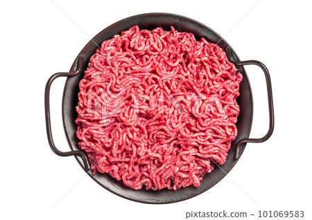 Raw Mince Ground meat in a kitchen tray. Isolated on white background. Raw Mince Ground meat in a kitchen tray. Isolated on white background. 101069583
