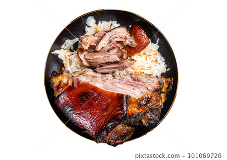 Roast Pork Ham Hock, knuckle with Sauerkraut on a plate. Isolated on white background. 101069720