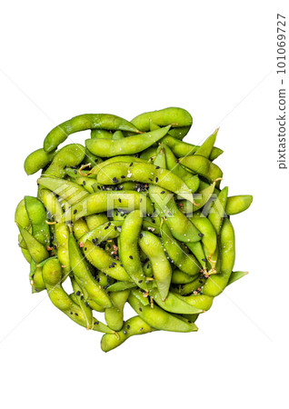 Boiled Edamame Soy Beans with sea salt in a plate. Isolated on white background. Boiled Edamame Soy Beans with sea salt in a plate. Isolated on white background. 101069727