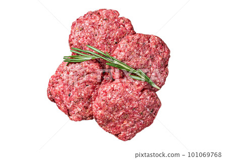 Uncooked Frikadellen from Mince beef Meat, raw meat cutlets. Isolated on white background. 101069768