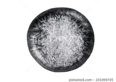 Menthol Crystals in a steel small plate. Isolated on white background. 101069785