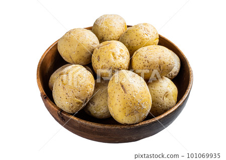 Canarian boiled potatoes papas arrugadas. Isolated on white background. 101069935
