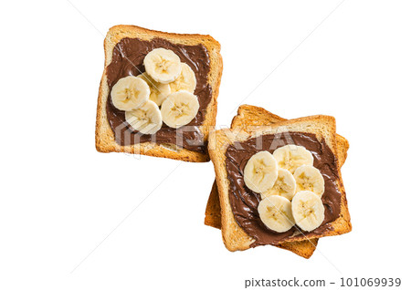Toasts bread with bananas and chocolate cream on wooden board. Isolated on white background 101069939