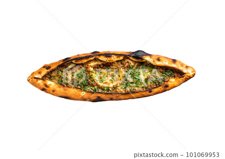 Turkish pide pie with beef meat and vegetables. Isolated on white background. Turkish pide pie with beef meat and vegetables. Isolated on white background. 101069953