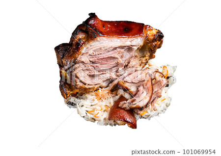 Roast Pork Ham Hock, knuckle with Sauerkraut on a plate. Isolated on white background. Roast Pork Ham Hock, knuckle with Sauerkraut on a plate. Isolated on white background. 101069954