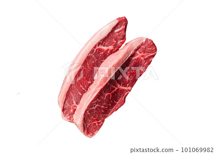 Top sirloin beef steak or brazilian Picanha, raw meat on butcher cleaver. Isolated on white background 101069982