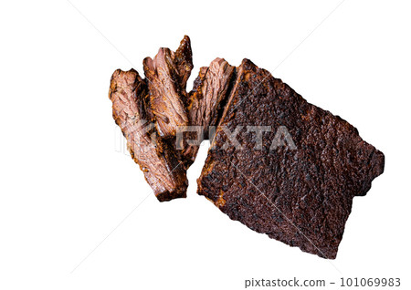 Chopped Beef Brisket barbecue, Traditional meat rubbed with spices and smoked in a Texas smoker. Isolated on white background. 101069983