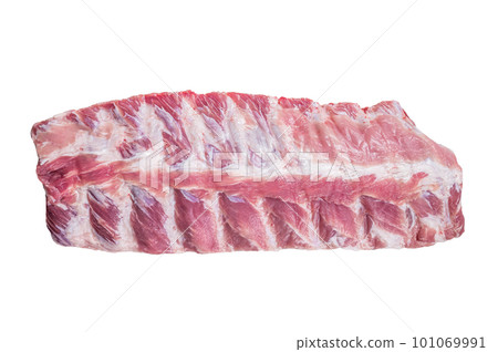 Raw rack of pork spare ribs. Isolated on white background. Raw rack of pork spare ribs. Isolated on white background. 101069991