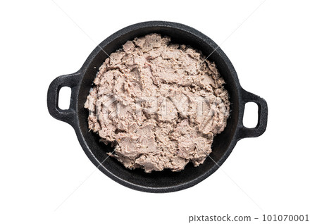Duck pate Rillettes de Canard in a pan. Isolated on white background Duck pate Rillettes de Canard in a pan. Isolated on white background 101070001